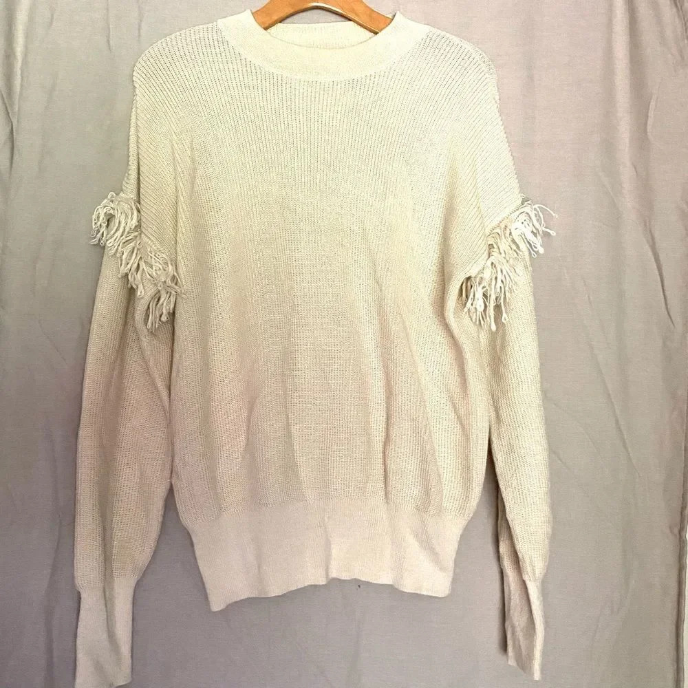 Trademark Sweater Baby Alpaca Silk Blend Fringe Sleeves Ivory Cream S Peru Boho